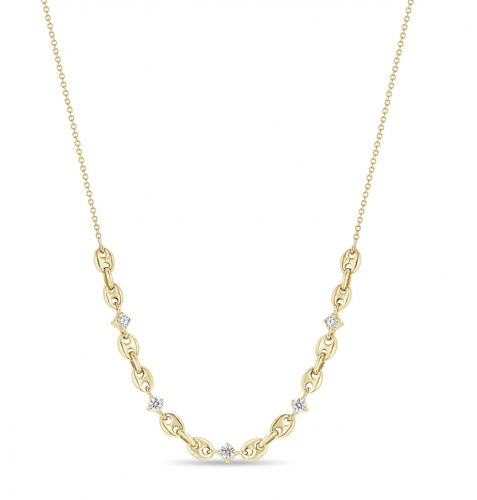 14K 5 Diamonds Set Between Puffed Mariner Chain Links On A Cable Chain Necklace BY Zoe Chicco